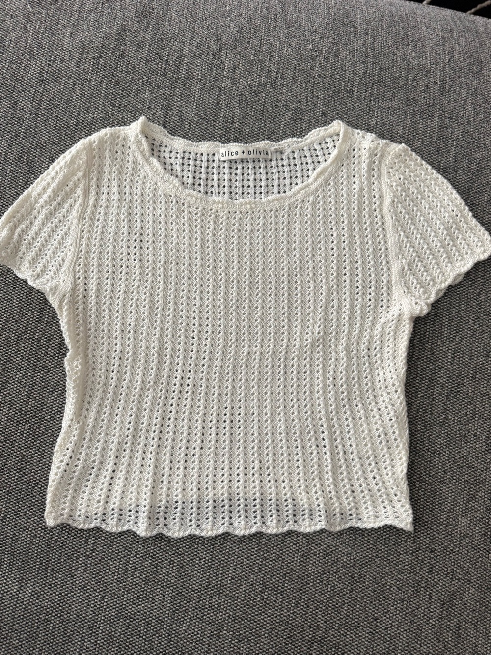 alice + olivia Cream Open-Knit Short Sleeve Crop Top
